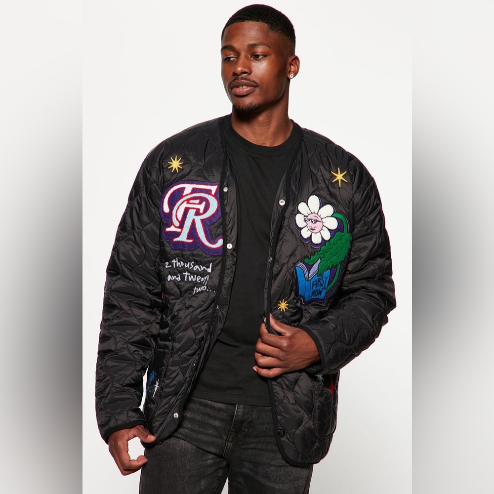 First Row Men's Quilted Patchwork Bomber Jacket - Picture 6 of 7